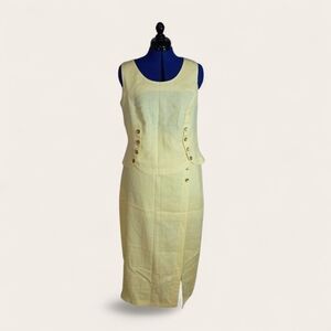 Vintage Yellow Linen Blend Top and Skirt Set with Button Details